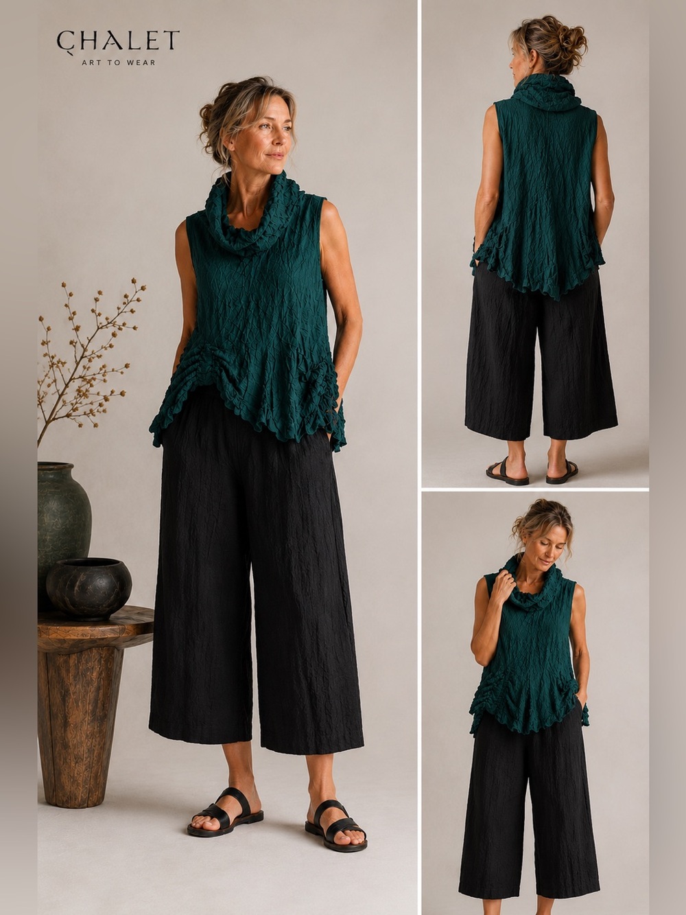 CHALET ET CECI JANELLE CRINKLE TEXTURED ART TO WEAR TUNIC TOPPER TOP SZ L